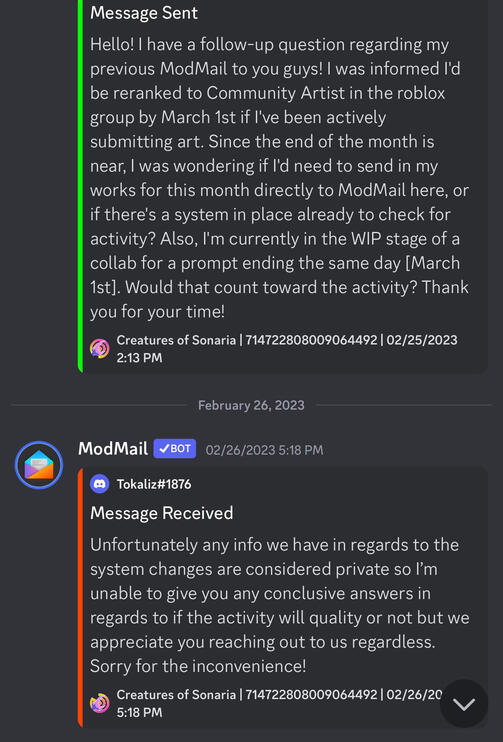 Xiriah asks about specifications for activity, but moderators have no answers.